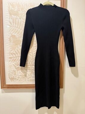 Babaton Black Ribbed Long-Sleeve Midi Dress